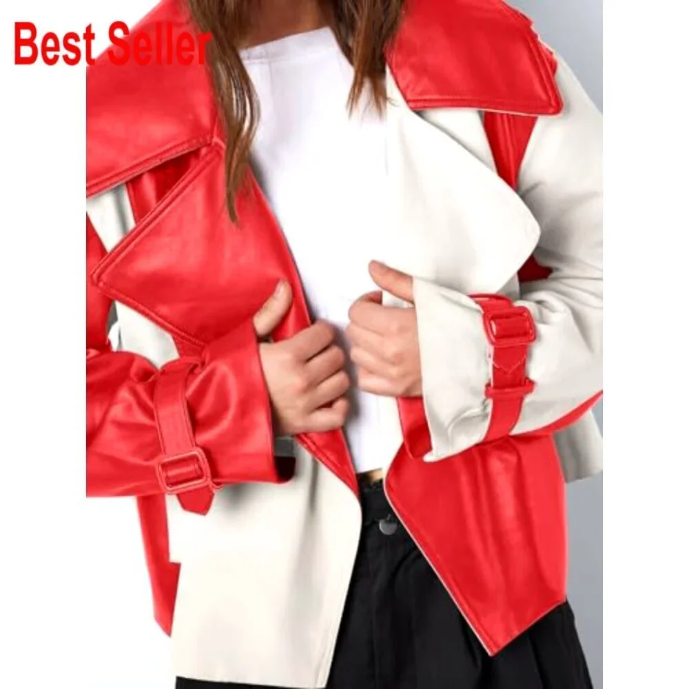 Oversized Cropped Leather Jacket with Color Block Design, Side Pockets - Picture 2 of 7